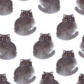 Cute seamless pattern with watercolor domestic black cat with long tail. Isolated on white background for design, fabric, postcard
