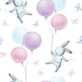 Cute seamless pattern with watercolor festive rabbits, hand drawn isolated on a white background.Happy bunny flying in the sky bet