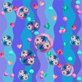 Cute seamless pattern. Watercolor polka dot, hearts, bead and waves