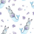 Cute seamless pattern with watercolor rabbits. Nautical seamless pattern with rabbit and marine elements for textile, paper and ba