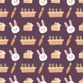 Easter pattern vector flat hand drawn style seamless background bunny carrot and cake ornament textile and wrapping paper design Royalty Free Stock Photo