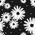 Cute seamless pattern of white daisies flower in doodle style and tiny circle on black background Royalty Free Stock Photo