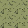 Cute seamless pattern with wigwam, feathers,plants and arrows