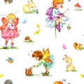 Cute seamless pattern with Winged Fairies and little forest animals. Fabric design for girls.