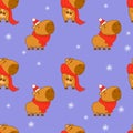 Cute Seamless pattern with winter capybara in knitted scarf and hat on purple background. Vector illustration for