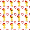 Cute seamless pattern with yellow rubber duck and heart on white background. Duck toy baby shower illustration Royalty Free Stock Photo