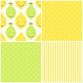 Cute seamless patterns of citrus fruits characters: lemon and lime with simple textures of friendly colors