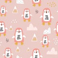 Cute seamless penguin pattern on pink. Cartoon penguins, icebergs,winter texture. Perfect for fabric, textile, Wallpapers. Vector Royalty Free Stock Photo