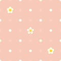 Cute seamless pink flat background with polka dot pattern and white flowers.