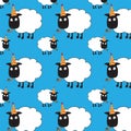 Cute seamless repeat pattern of sheep with party hat and blower