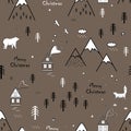 Cute seamless scandinavian pattern with bear, fox, houses and trees, texture landscape in outline style. Vector Royalty Free Stock Photo