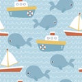 Cute seamless sea pattern with boats and whales. Royalty Free Stock Photo