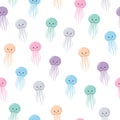 Cute seamless sea pattern with cartoon smiling color jellyfishes. Kawaii