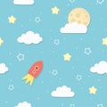 Cute seamless sky pattern with full moon, clouds, stars, and rocket. Cartoon space rocket flying to the Moon. Royalty Free Stock Photo