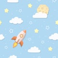 Cute seamless sky pattern with full moon, clouds, stars, and rocket. Cartoon space rocket flying to the Moon.