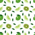 Cute seamless summer citrus and kiwi pattern on a white background. Print with whole lime, wedges and leaves. A set of Royalty Free Stock Photo