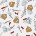 Cute seamless vector background with letters and bouquet. Set with a letter and an envelope, scissors, threads and a bouquet Royalty Free Stock Photo