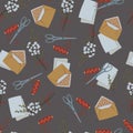 Cute seamless vector background with letters and bouquet. Set with a letter and an envelope, scissors, threads and a bouquet Royalty Free Stock Photo