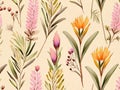 cute seamless multi color flowers with brown leaves pattern on background