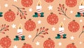 Seamless vector pattern background illustration with berries, stars, christmas baubles ornament and candles Royalty Free Stock Photo