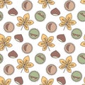 Cute seamless vector pattern background illustration with chestnuts leaves and fruits