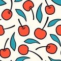 Cute seamless vector pattern background illustration with red cherries and blue leaves Royalty Free Stock Photo