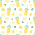 Cute seamless vector pattern background illustration with summer fresh lemonades in a plastic cups, lemons, mint and lemon slice Royalty Free Stock Photo