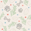 Cute seamless vector pattern with bones, paws and abstract elements, bowl on beige background