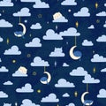 Cute seamless vector pattern, clouds, moons and sleepy cats in a dark night sky, textile, wallpaper