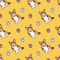 Cute seamless vector pattern with corgi dogs and paws on yellow background.