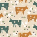 Cute seamless vector pattern of farm animals cows, flowers and other elements in various colors.