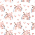 Cute seamless vector pattern with hand drawn scandinavian rainbows and summer flowers bouquet with hearts. Background