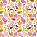 Cute seamless vector pattern with hand drawn tropical fuitsbanana, papaya fruit, orange, lemon, watermelon, ice creams, donuts Royalty Free Stock Photo