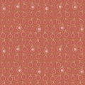 Cute seamless vector pattern with little white Christmas balls hanging on green strings with snow flakes on red background. Royalty Free Stock Photo