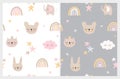 Cute Seamless Vector Patterns with Baby Toys, Stars and Rainbows. Royalty Free Stock Photo