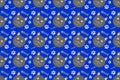 Cute seamless wallpaper with blue background, cartoon cat face pattern, gray herringbone footprints and footprints, for cute
