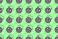 Cute seamless wallpaper with light green background, cartoon cat face pattern, gray herringbone footprints and footprints, for