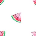 Cute seamless watercolor summer pattern with juicy watermelon slices and seeds on white background. Vector illustration