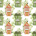 Cute seamless watrcolor pattern, colorful houses decorated by botanical elements on white background.