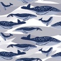 Cute seamless whale pattern on white with big wave spots. The pattern repeats a blue and white marine animal with a