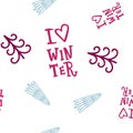 Cute seamless winter pattern with decorative elements: spruce trees and handlettering i love winter. Royalty Free Stock Photo