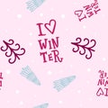Cute seamless winter pattern with decorative elements: spruce trees and handlettering i love winter. Royalty Free Stock Photo