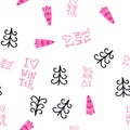 Cute seamless winter pattern with decorative elements: spruce trees and handlettering i love winter. Royalty Free Stock Photo