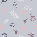 Cute seamless winter pattern with decorative elements: spruce trees and handlettering i love winter. Royalty Free Stock Photo