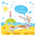 Cute seasonal banner with happy running dog. Summer beach, coast of the sea, sand, crab, lighthouse Royalty Free Stock Photo