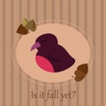 Cute seasonal card with a sleepy bird on a striped background and autumn leaves