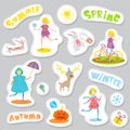 Cute Seasonal Sticker set with cartoon characters and elements