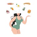 Cute seductive girl on a diet. A chubby woman in a green swimsuit faces a choice. Healthy food versus fast food concept