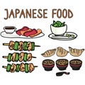 Cute selection of japanese food illustration. Sashimi, edamame, yakitori, gyoza and miso soup cooking typography clipart