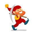 Cute senior dwarf walking with a pickaxe.